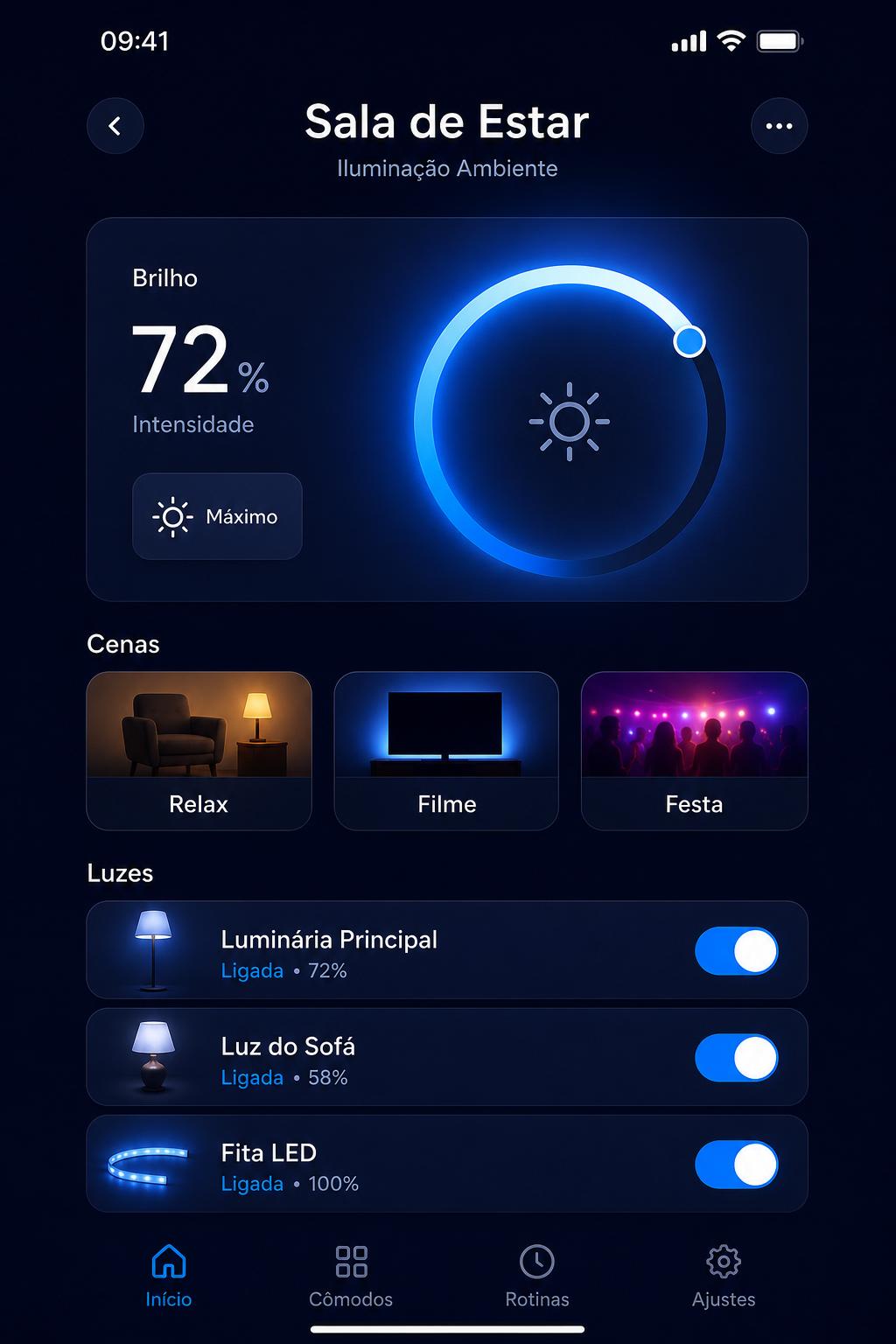 Aplicativo Smart-Life em um smartphone controlando iluminação e cenas residenciais