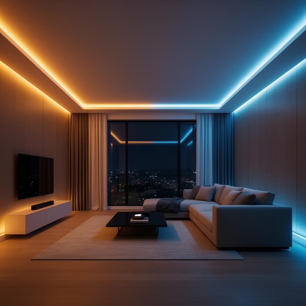 Sala moderna com iluminação inteligente em tons quentes e frios